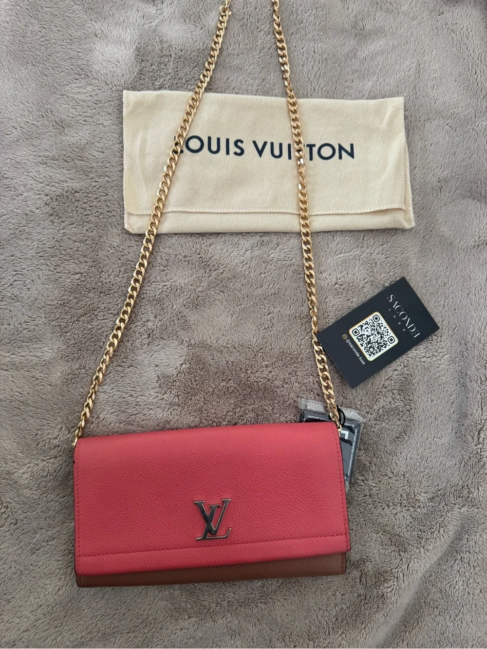 Louis Vuitton Pink and Brown Crossbody Wallet with Gold Chain